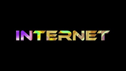 Internet text on black background. Multicolored glossy technological word written on black.