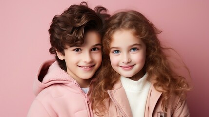 Portrait of two little girls in a pink jacket on a pink background