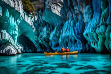 The blue colors of the marble caves in patagonia, chile.These caves are carved out by waves and are made of beautiful coloured and layered carbonate rocks