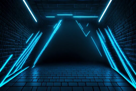 Abstract dark background with brick wall and neon light. Neon blue rays. Dark tunnel with neon blue light, abstract pyramid, light triangle.