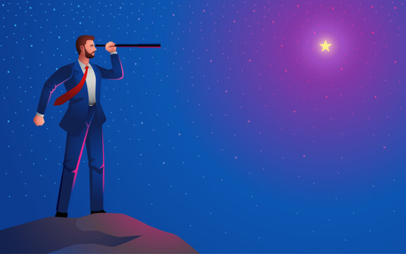 Dreaming Big, businessman on the summit, gazing at the stars with telescope, represents the essence of ambition, foresight, and the relentless pursuit of success in the business world