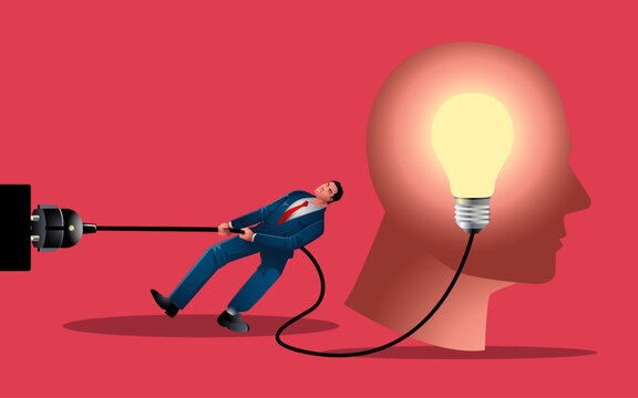 Business concept illustration of a businessman trying to unplug the light bulb brain, sabotage, killing creativity concept