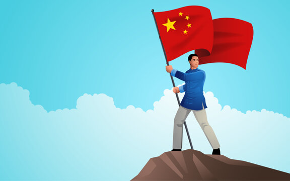 Chinese businessman proudly stands at the summit of a mountain, holding the flag of China high, symbolising the nation's aspirations for progress and success
