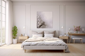 White bedroom interior, work in bedroom, Generative AI 