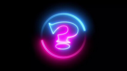 Blue and pink color glowing neon line circle with question mark. black background . illustration background.