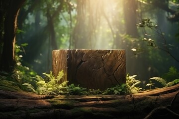Wooden cubic stage in the forest background. Product presentation podium in nature. - obrazy, fototapety, plakaty