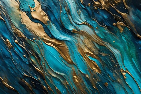 Creative abstract hand-painted background,wallpaper,texture,close-up fragment of acrylic painting on canvas,blue,green,gold paint.