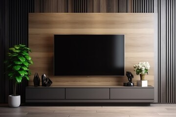 TV on cabinet in modern living room with lamp, table, flower and plant on wooden wall background, Generative AI  - obrazy, fototapety, plakaty