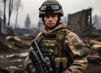 Soldier in a bulletproof vest and a helmet.