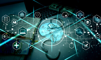 AI (Artificial Intelligence) concept. Electronic circuit. Communication network.