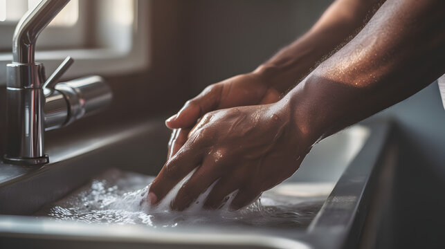 Close up of a black African American man's washing his hands clean with soap and foam
