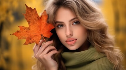 Beautiful girl outdoor in autumn, Pretty woman with leaf near face on autumnal background.