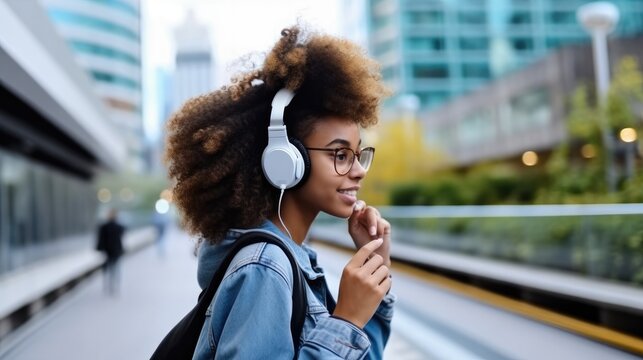 Black student girl wearing headset and using mobile smartphone while walking at college building outdoor, Modern education.