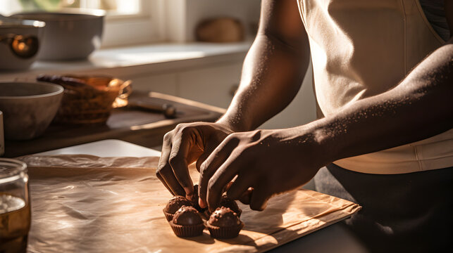 Close Up Of A Black African American Man's Hands Making Chocolates In A Home Kitchen 