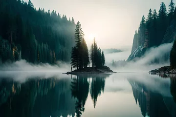 Foto auf Acrylglas Wald im Nebel Describe a serene, fog-covered lake surrounded by