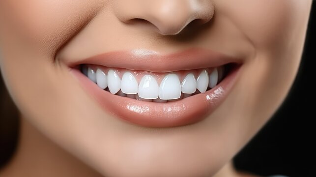 Close up cropped photo of beautiful woman mouth with perfect white bright smile and healthy teeth.