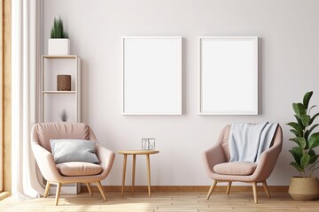 Two poster mockup with vertical frames on empty white wall in living room interior and armchair, Generative AI 