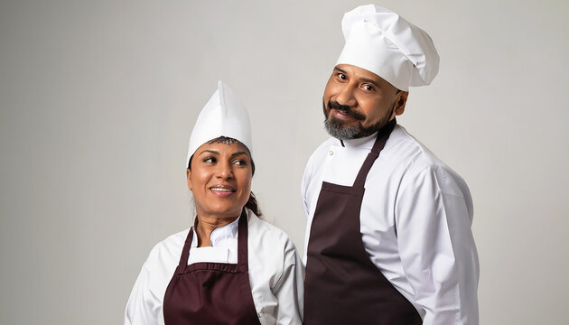 closeup face portrait of a chef cook and kitchen assistant with traditional white uniform and hat. handsome indian. Generative AI