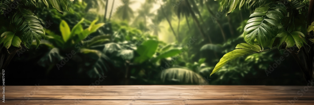 Poster The empty wooden table top with lush green rainforest amazon jungle leaves and plants in background, Product display template.
