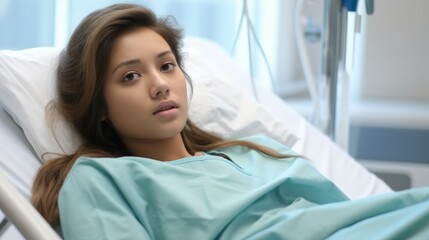 Obraz premium Young woman patient lying on the bed in hospital.