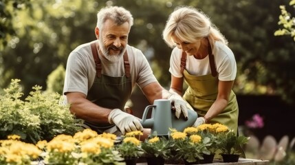 Mature Couple Planting Flowers Together In Garden At Morning.
