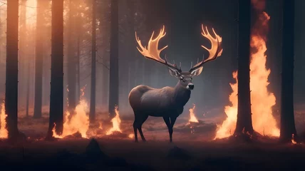 Poster deer  with fire on his horns in the burning woods © Ivyn