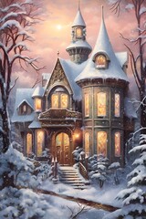 Fototapeta premium Oil painting of a Christmas Mansion, house, cottage in a snow forest with Christmas decorations and lights