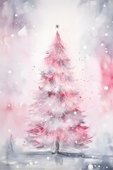 Watercolor Christmas tree in snow, invitation, wedding, postcard, magical, fir tree, stars, pink and blue, starry night, abstract, xmas, holiday, festive