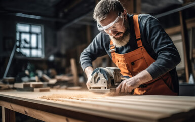 Man carpenter using circular saw while working on a piece of wood in home workshop.