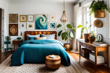 Fototapeta premium An eclectic Boho home interior design, showcasing a vibrant bedroom with a mix of patterns, colors, and textures, a macramé wall hanging, a vintage rug, and a collection of potted plants.