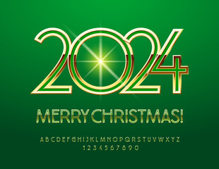Vector elite Greeting Card Merry Christmas 2024! Chic Slim Font. Green and Golden premium Alphabet Letters and Numbers.