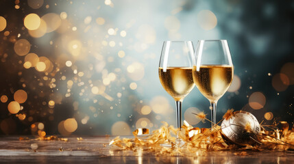 Champagne for Christmas and New Year eve celebration holidays background with copy space for text - obrazy, fototapety, plakaty