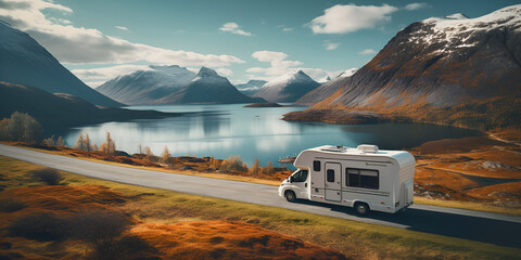 .RV Travel in Majestic Mountain Landscape .Modern motorhome driving on road, lake and mountains in background  - obrazy, fototapety, plakaty