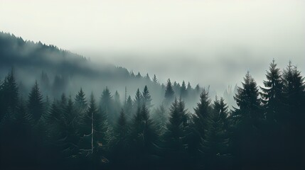 Forested mountain slope in low lying cloud with the conifers shrouded in mist in a scenic landscape - obrazy, fototapety, plakaty