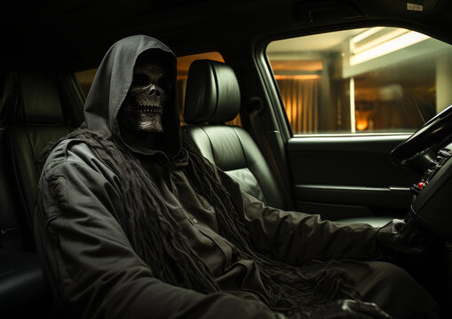 grim reaper the death sitting on a passanger seat of a car . generative ai