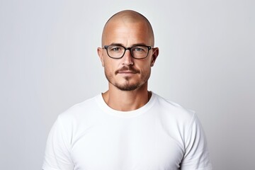 Portrait of a bald man with glasses and a white shirt.