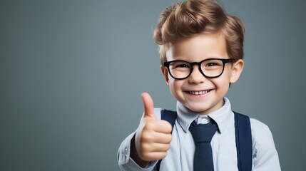 Portrait of a smiling little boy in eyeglasses showing thumbs up