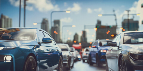 strong car traffic jams in the city. - obrazy, fototapety, plakaty