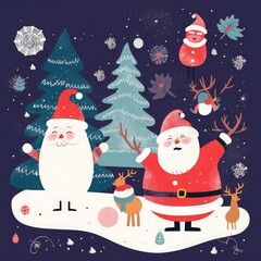 Christmas greeting illustration with Santa and snowman, Generative AI 