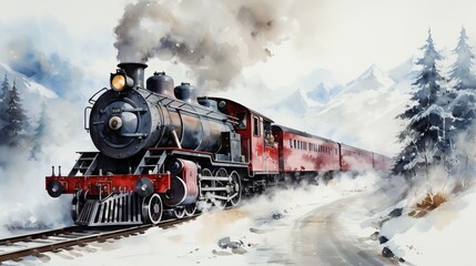 an old steam locomotive pulls trailers in the snowy mountains - obrazy, fototapety, plakaty