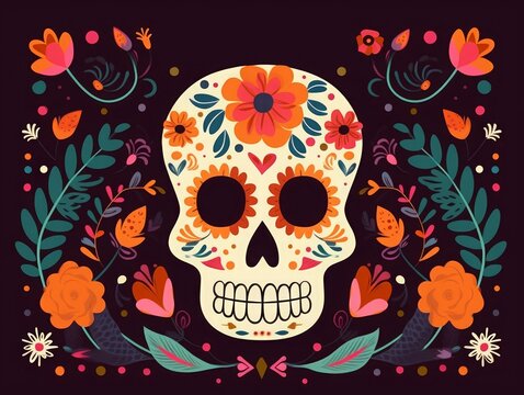 Beautiful  illustration with design  for Dia De Los Muertos.  template with traditional Mexican symbols skull, Mexican ornaments, Generative AI 