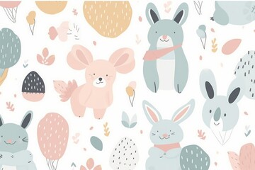 Baby animals seamless pattern. Fabric pattern.  illustration with cute animals. Nursery baby pattern illustration, Generative AI  - obrazy, fototapety, plakaty