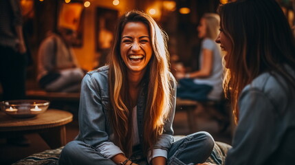 Beautiful young woman is sitting on the floor in cafe and smiling. - obrazy, fototapety, plakaty