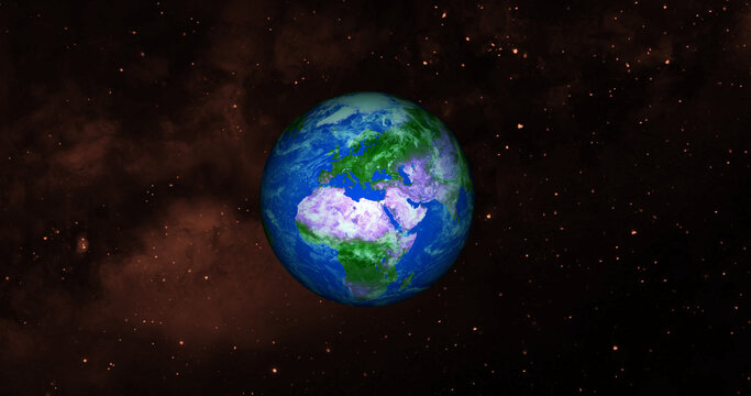 3d rendered photo realistic earth planet. Beautiful green earth planet with colorful galaxy or nebula. front view of the earth from space with clouds and green landscapes full view earth 4k resolution