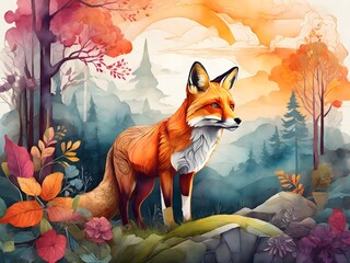 Fototapeta premium fox in the forest background illustration