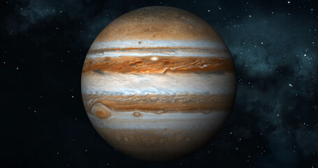 Jupiter planet on space with colorful starry night. front view of Jupiter planet from space with beautiful galaxy. 3d rendered planet. full view of Jupiter 4k resolution.
