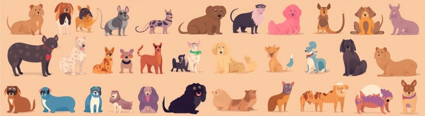 Huge colourful cartoon  collection with cute dogs.  set of different dog breeds, Generative AI