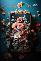 Colorful artificial flowers in a luxurious frame in pastel colors