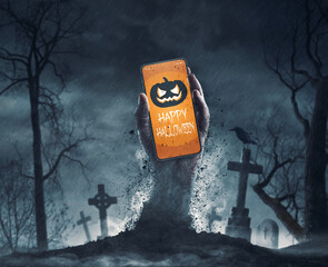 Zombie holding a smartphone with Halloween wishes