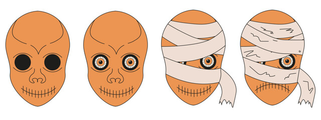 Set Cartoon Halloween monster head, mummy. Hand drawn collection of zombie character face isolated transparent background. Halloween creepy smile collage editable stroke. Vector illustration. 